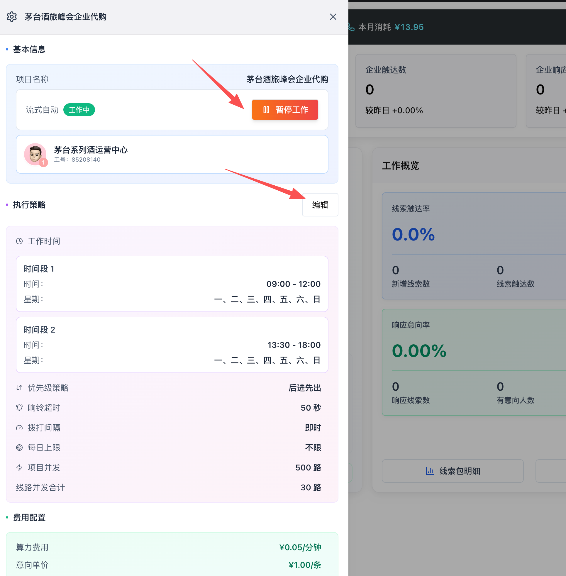项目详情：基本信息、执行策略、费用配置